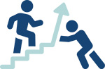 an icon with a person going up a staircase arrow with another person propping the arrow upwards
